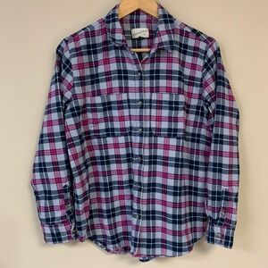 Plaid Flannel Shirt Women Medium Pink Soft Fall Preppy Button Front Classic Fit